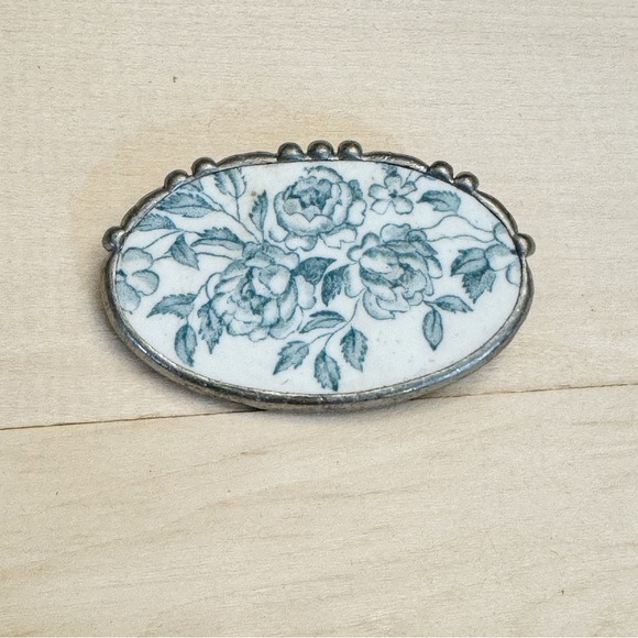 Vintage Jewelry - Broken China Rose Oval Sterling Silver Brooch Vintage Marked